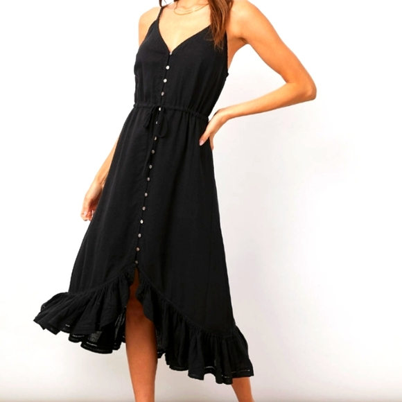 Rails Frida Button Front Midi Length Ruffle Dress in Black w/ Bag Women's Sz XL